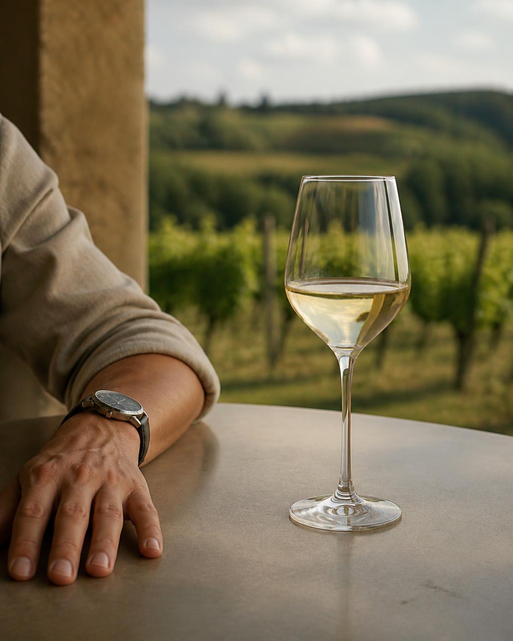A quiet wine tasting overlooking vineyard hills